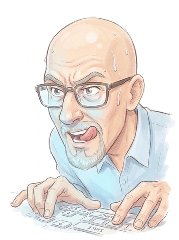 A drawing of Scott hunched over a keyboard, tongue out, deep in a game