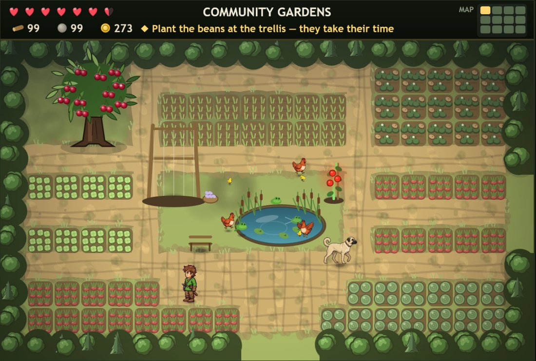 Community Gardens: vegetable beds, a cherry tree, a pond with frogs, chickens and a dog