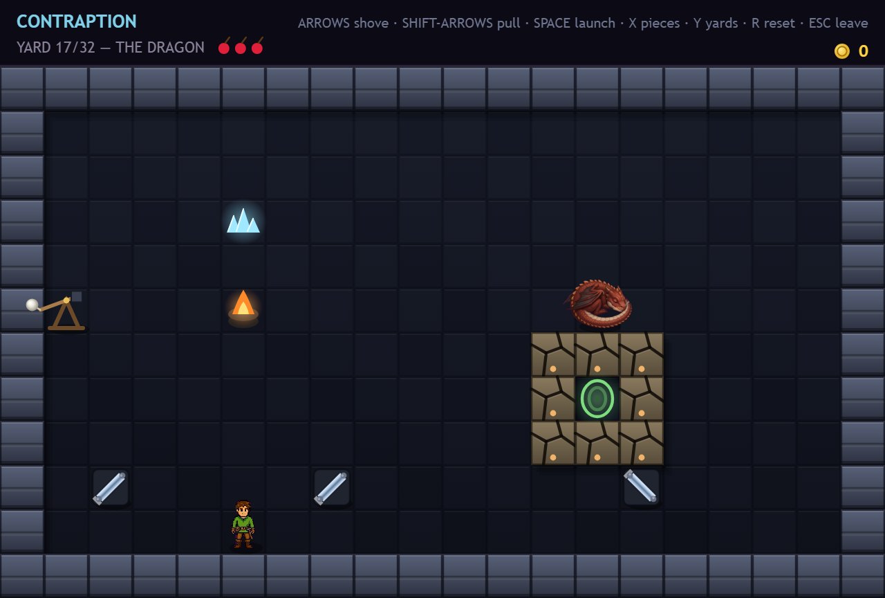 Contraption: The Dragon, a red dragon asleep on a ring walled in by cracked stone, a crystal and a brazier to the left