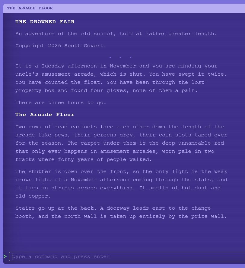 The Drowned Fair: the opening text of the adventure on a purple terminal screen