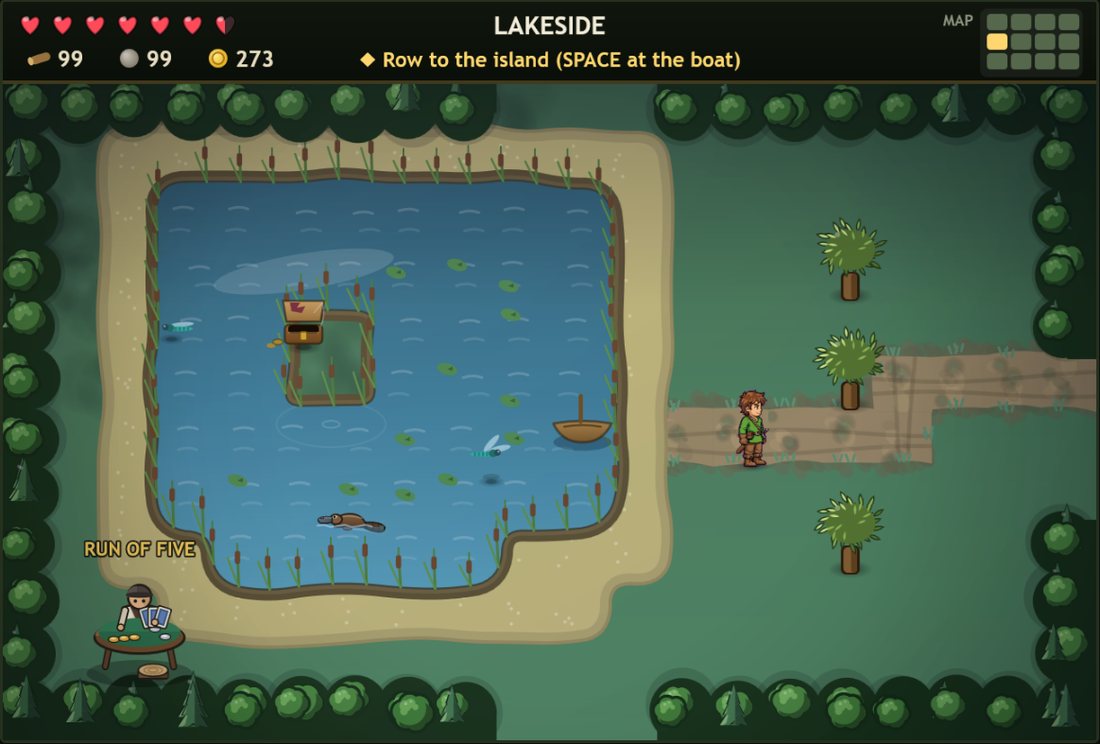 Lakeside: a lake with an island and a treasure chest, a rowing boat, and a card player at a table
