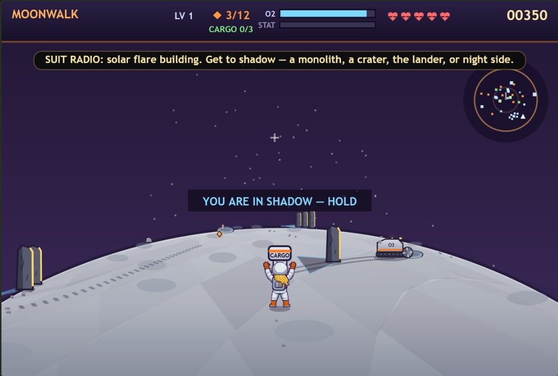 Moonwalk: the suit radio warns of a solar flare while the astronaut holds in a monolith's shadow