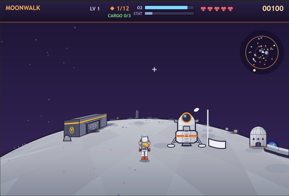 Moonwalk: an astronaut on the curve of the Moon beside a lander, a flag and a dome