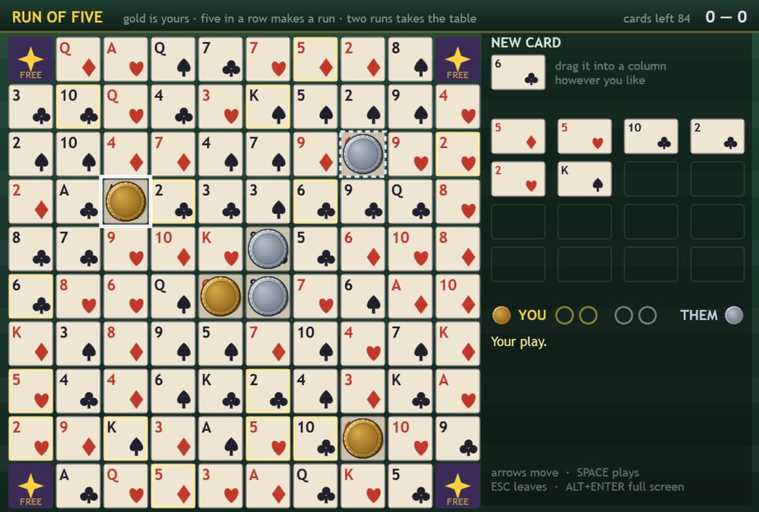 Run of Five: a ten by ten board of playing cards with gold and silver coins, a hand of cards on the right, and FREE corners