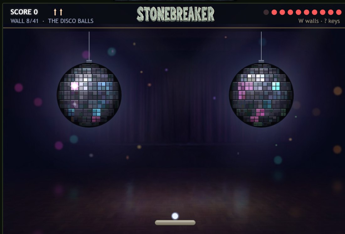 Stonebreaker, The Disco Balls: two mirror balls of small glass bricks hanging over a dance floor