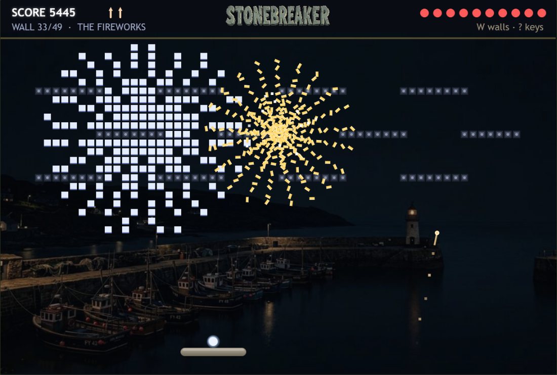 Stonebreaker, The Fireworks: bricks burst like fireworks over a night harbour
