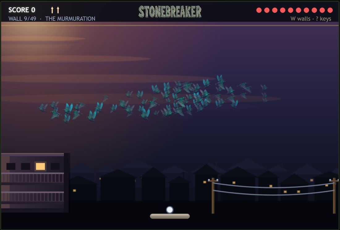 Stonebreaker, The Murmuration: a flock of birds over rooftops and power lines at dusk