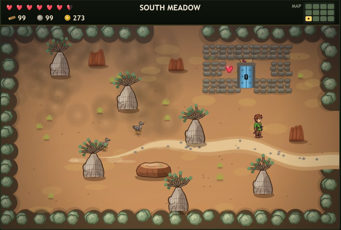 South Meadow: dry grass, strange trees, two dodos and a blue door in a stone wall