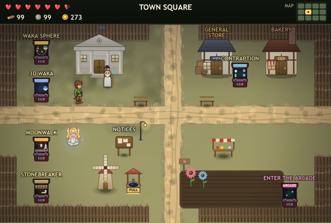 Town Square: five arcade cabinets, a windmill, a well and the hero at a dirt crossroads