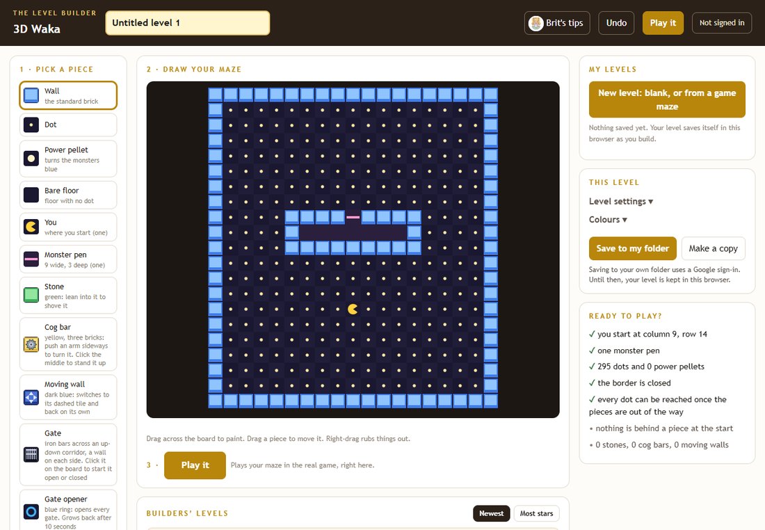 The 3D Waka level builder: a palette of pieces on the left, a maze of blue walls and dots in the middle, a checklist on the right