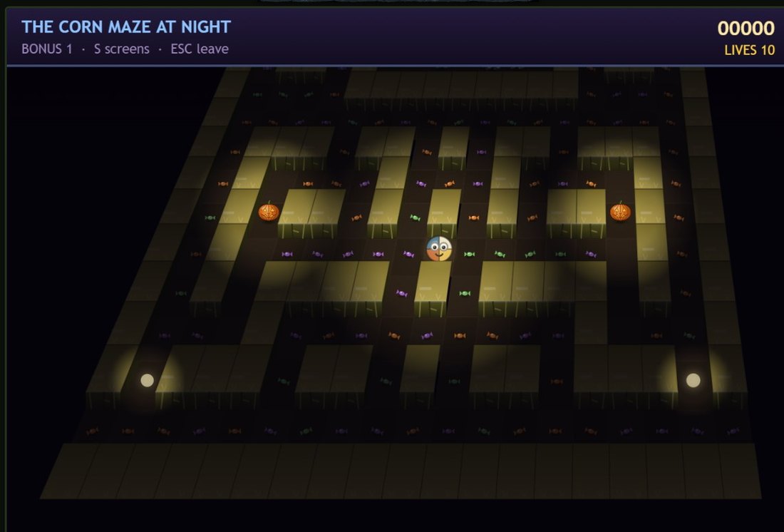 3D Waka, The Corn Maze at Night: a dark maze of cornstalk walls, wrapped sweets on the paths and two jack-o'-lanterns