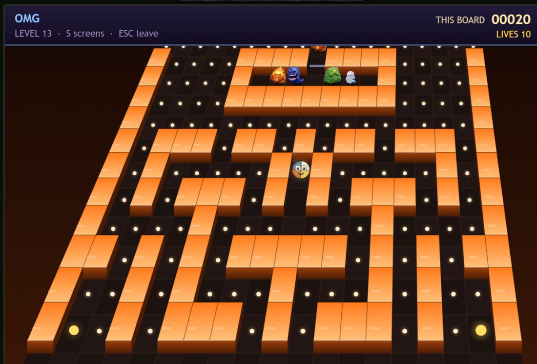 3D Waka, OMG: an orange maze seen at an angle, four monsters waiting in their pen at the top