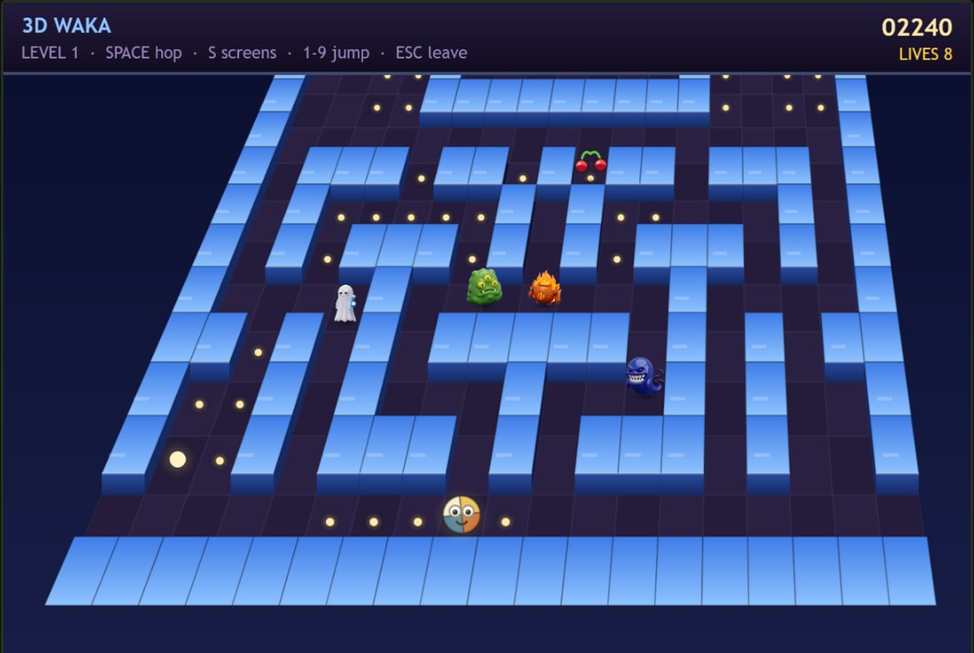 3D Waka level 1: a tilted blue maze with dots, cherries and four monsters